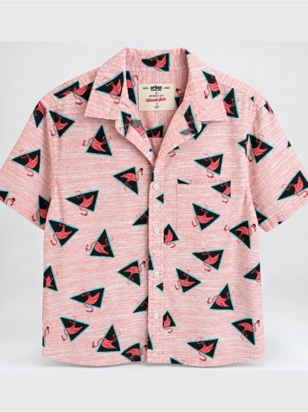 Urban Pipeline Men's Small Pink Flamingo Print Button Up Retro 80s Style Shirt